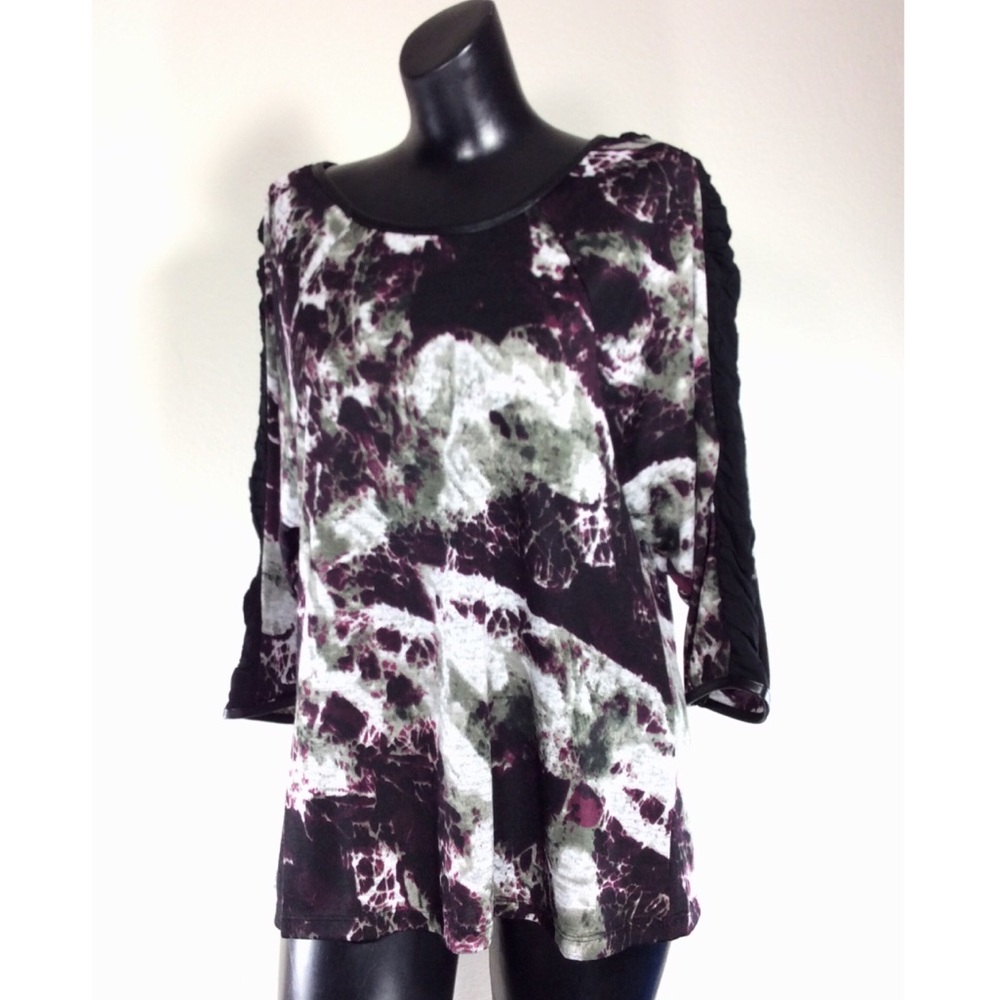🎄🎄🎄Ladies 3/4 Ruched Sleeve Blouse Leather Trim